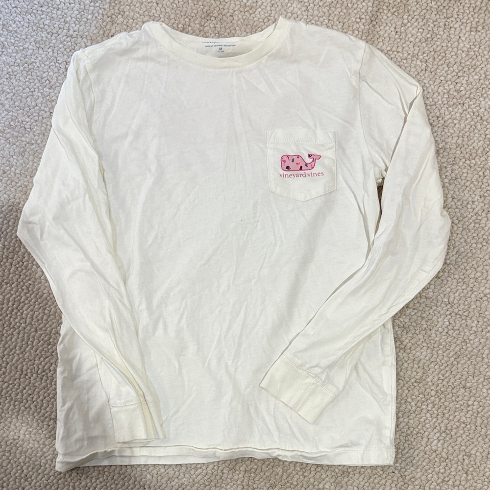 Vineyard Vines Kids White Long Sleeve Tee with Pink Logo